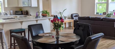 Gazing from the dining to the kitchen and living room.