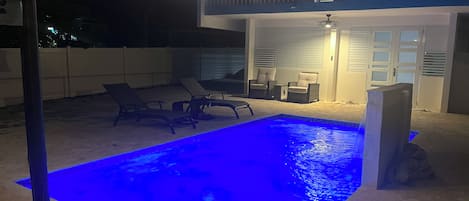 Night time pool lighting for a relaxing swim.