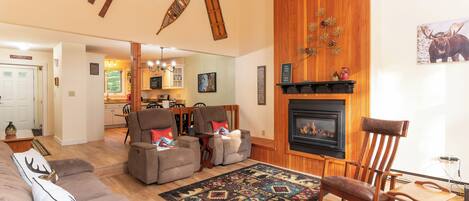 Beautifully decorated living room with fireplace