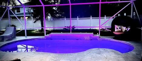 Salt water pool with various colors of lighting available. 
