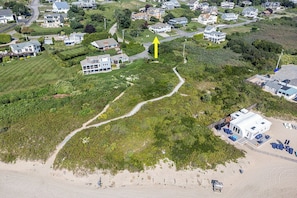 Yellow arrow depicts location of house showing path to beach