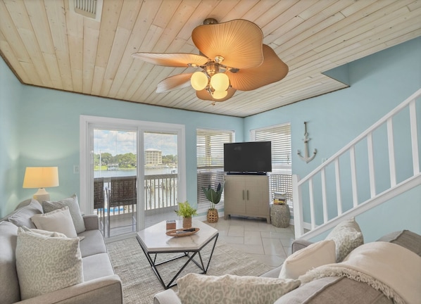 Living Room with sofa bed; Waterfront balcony