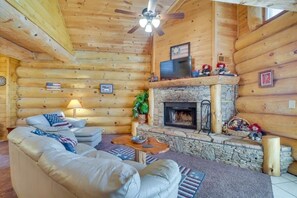Indoors, Fireplace, Ceiling Fan, Hardwood, Stained Wood