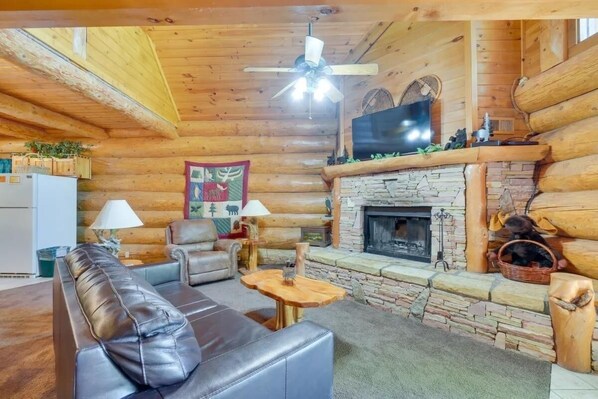 Indoors, Fireplace, Hardwood, Stained Wood, Ceiling Fan