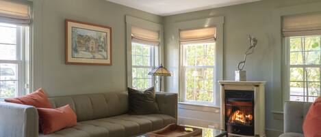 Living room with gas fireplace.