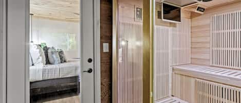 Indulge in the therapeutic benefits of the 6-person infrared sauna.