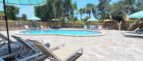 Large Heated Pool, with plenty of lounge chairs,  umbrellas , fire pit & grill