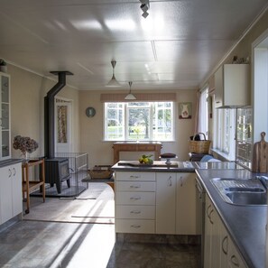 Kitchen and living area with wood burner