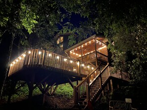 Creekside Comfort – Night View of Back of Cabin