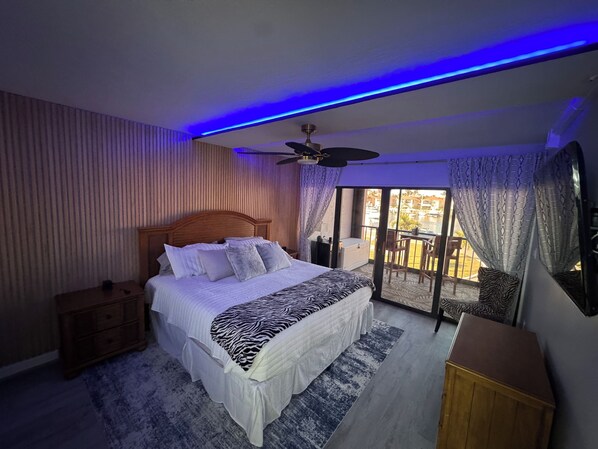 Modern wooden sound proofing wall & ceiling fan added for quiet restful sleep
