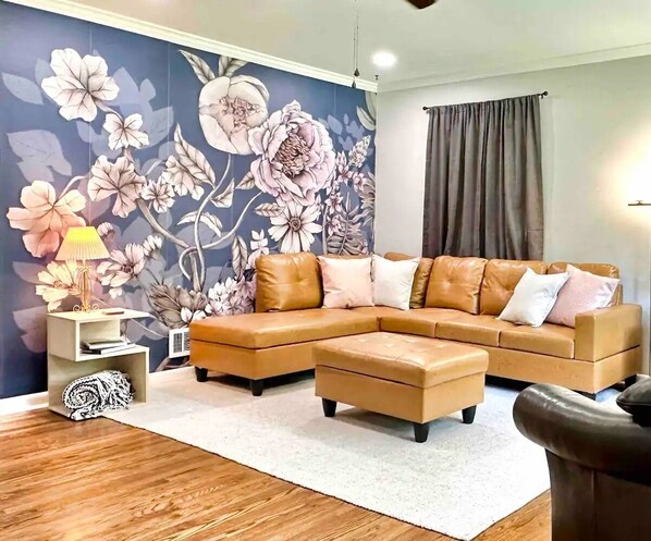 Family-friendly living room with pet-friendly features.