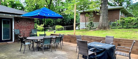 Dine with the family, warm up next to the fire pit, or play on the tree swing.