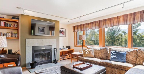 Relax by the fireplace.