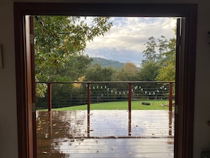 Large outdoor deck with mountain views and shady tree!