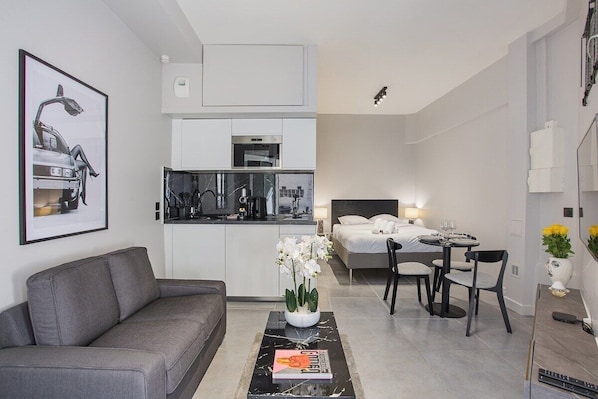 Studio avec canapé lit , cuisine américaine équipée, coin repas, télé, wifi