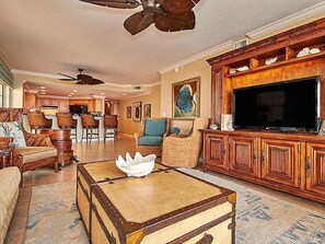 Main living area view into kitchen