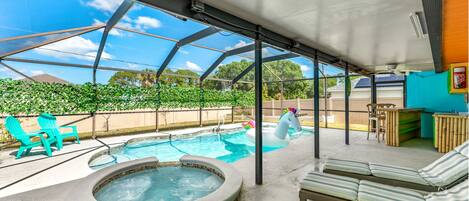 Pool and hot tub inside a pool enclosure. Send us a message for hot tub hours