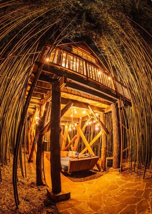 The treehouse glowing at night in the bamboo forest.