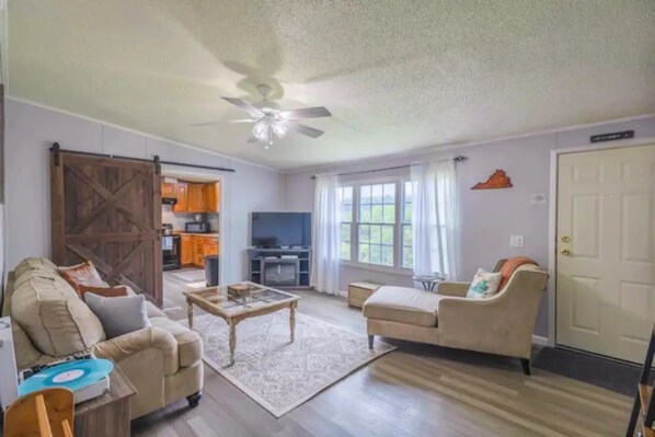 Comfortable living room with incredible views. 