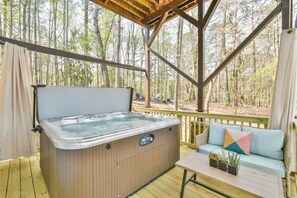 Bubbles of Bliss: Indulge in the luxury of a private jacuzzi at our Airbnb retreat. Immerse yourself in relaxation and elevate your stay with soothing moments in the comfort of your own personal oasis.