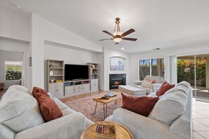 Modern living room stylish decor and access out to the backyard