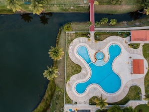 Aerial view of the community pool which is walking distance from the property