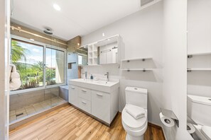 Modern bathroom with a walk-in shower, elegant vanity, and natural light.