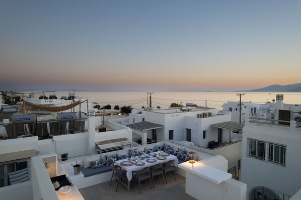 Rooftop terrace with panoramic views to sea town and mountains