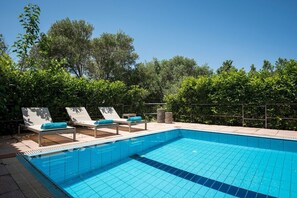 Dive into the pristine waters of our pool, where the sun-kissed surface reflects the clarity of the day, surrounded by vibrant greenery for a truly invigorating experience.