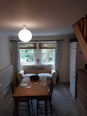 The living and dining room looks over the garden