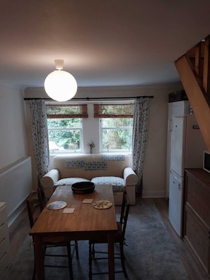 The living and dining room looks over the garden