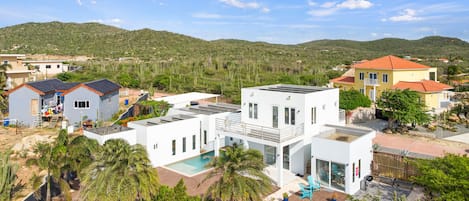 An expansive view showcasing the Villa and its inviting pool area, harmoniously integrated into the lush natural surroundings of San Fuego