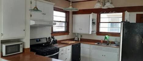 Well equipped kitchen with dishwasher, microwave.