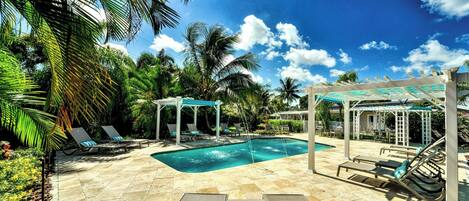 Heated Pool with Shaded and Sunny lounge chairs. Strong Wi-Fi all around the pool