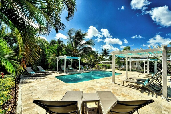 Heated Pool with Shaded and Sunny lounge chairs. Strong Wi-Fi all around the pool