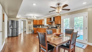 Door, Indoors, Kitchen, Ceiling Fan, Table
